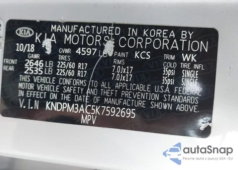 2019 Kia Sportage Lx z USA, uszkodzony, nr VIN KNDPM3AC5K7592695